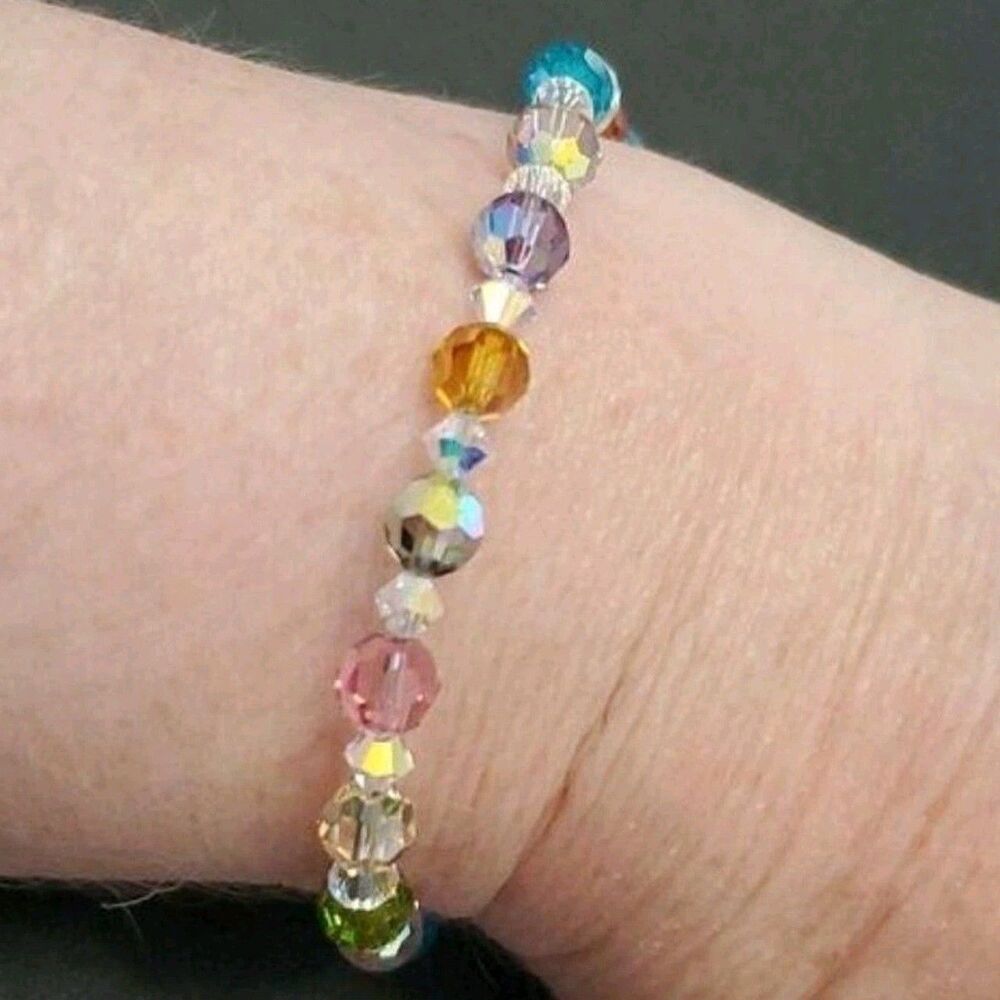 Sterling Silver Multi Colored Crystal Beaded Inspirational Bracelet 7"